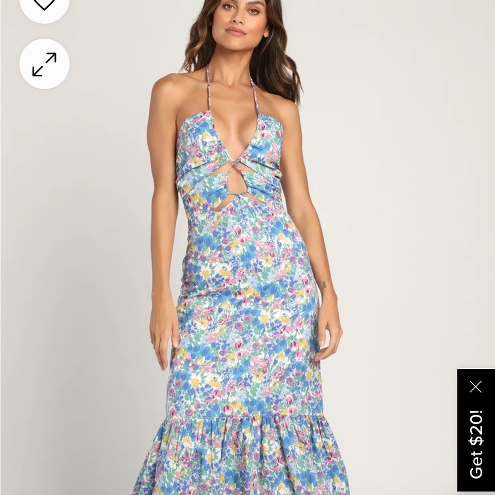Lulu's Blue Floral Halter Midi Dress with Pink & Yellow Accents